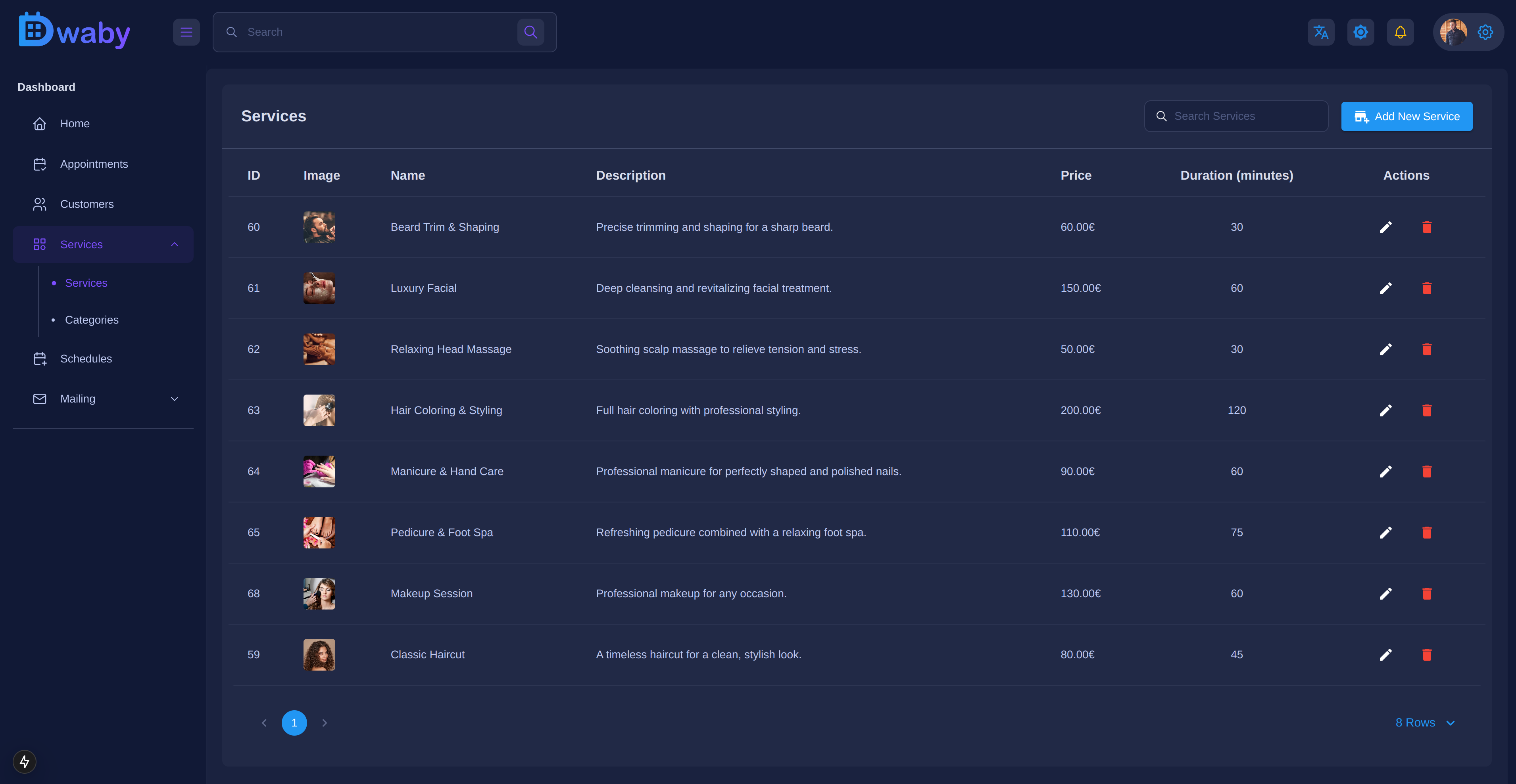 Managing services: prices, duration and appearance